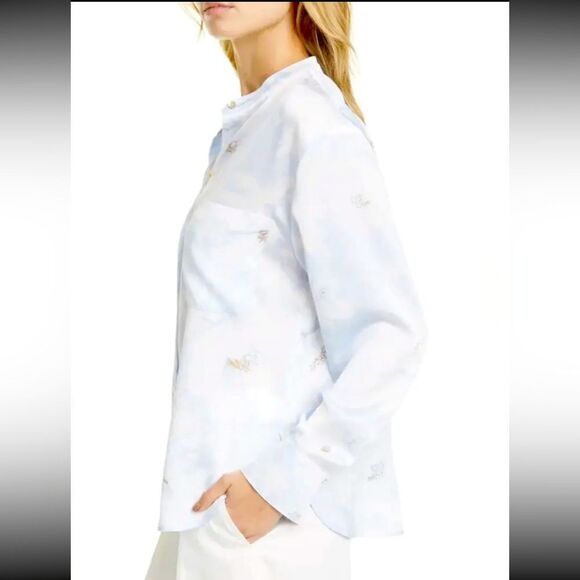 NWT Vince Painted Magnolia Band Collar Blouse -POWDER BLUE Satin Large - Picture 13 of 13